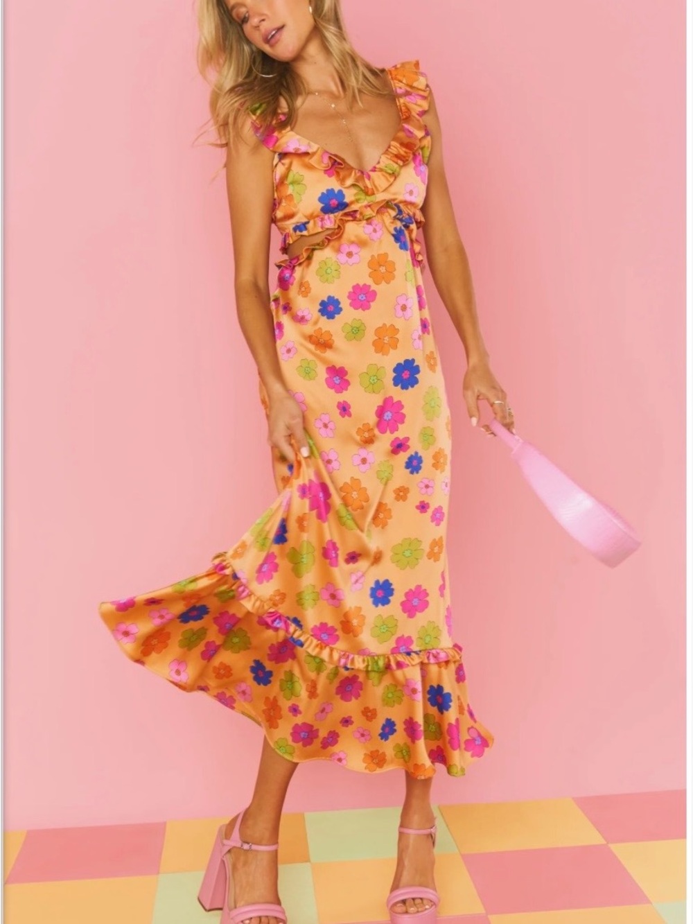 Show Me Your MuMu Orange Floral Ruffle Midi Dress with Pink & Blue Blooms